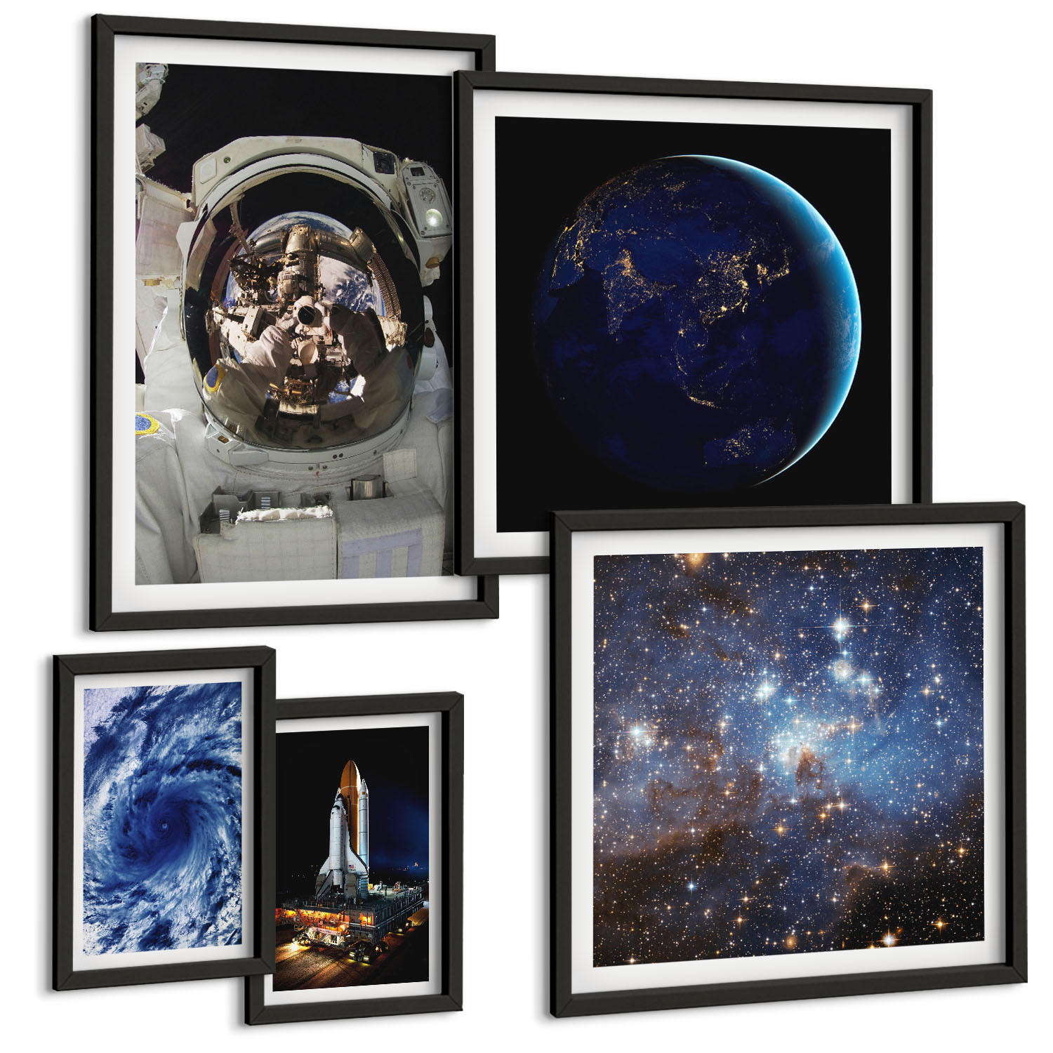 BILDER SET 5er Set - 50x50 cm & 20x30 cm & 40x60 cm Schwarzer Rahmen - Weltraum Erde Astronaut Rakete - Schwarz, Kunststoff (40/60cm) - TULUP