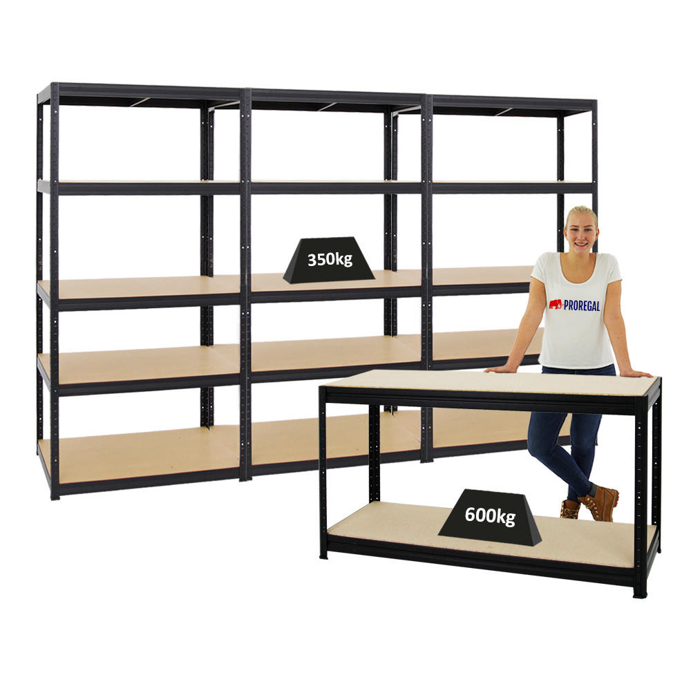 WERKBANK Big Dino höhenverstellbar & 3x SCHWERLASTREGAL Slim Elephant M Set Fachlast bis zu 600 kg Schwarz - Schwarz, Metall (360/180/60cm) - PROREGAL
