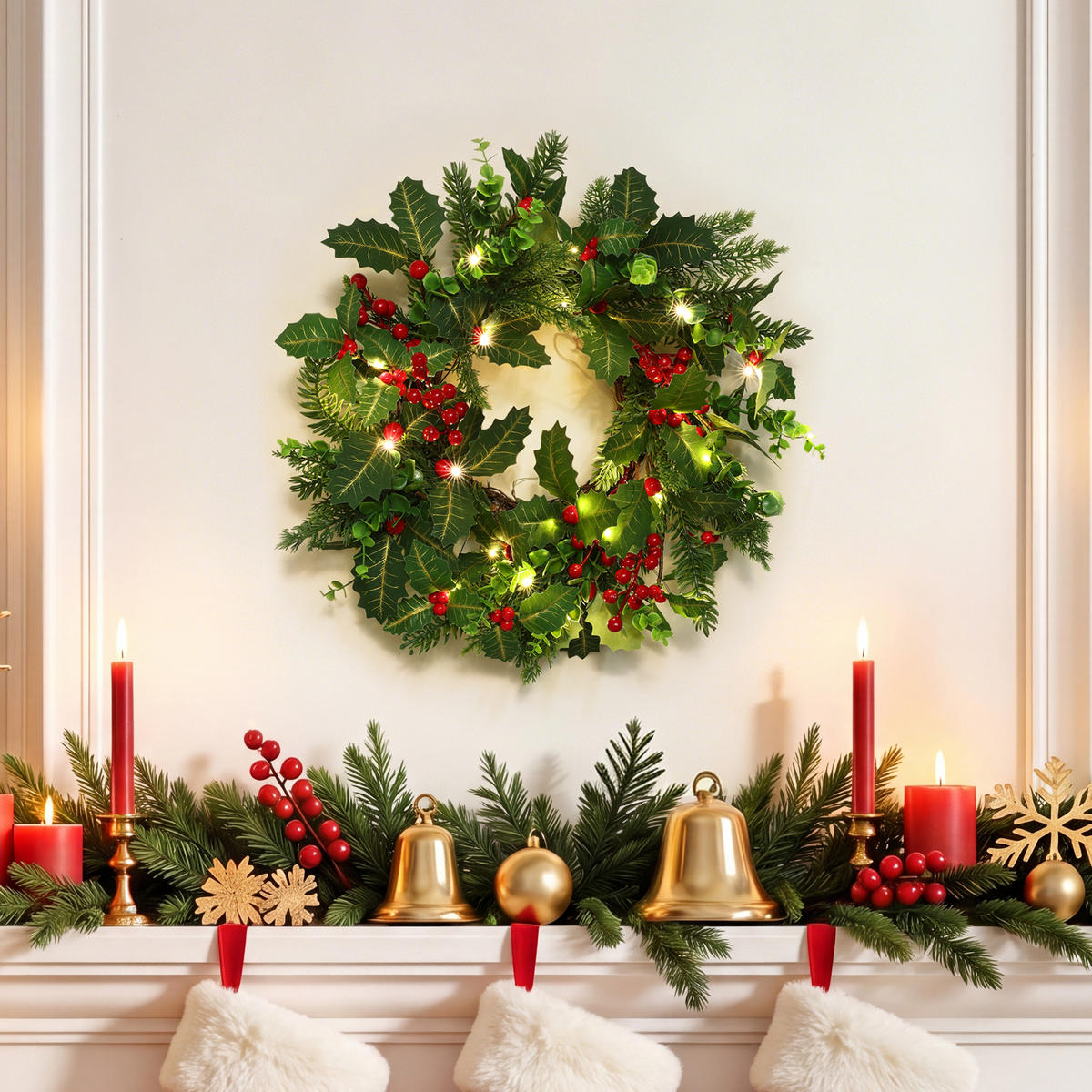 RUNDER LED-Weihnachtskranz Ø 40 cm mit roten Beeren, 30 LEDs, Timer - Dunkelgrün, Naturmaterialien (40cm) - Hometopia