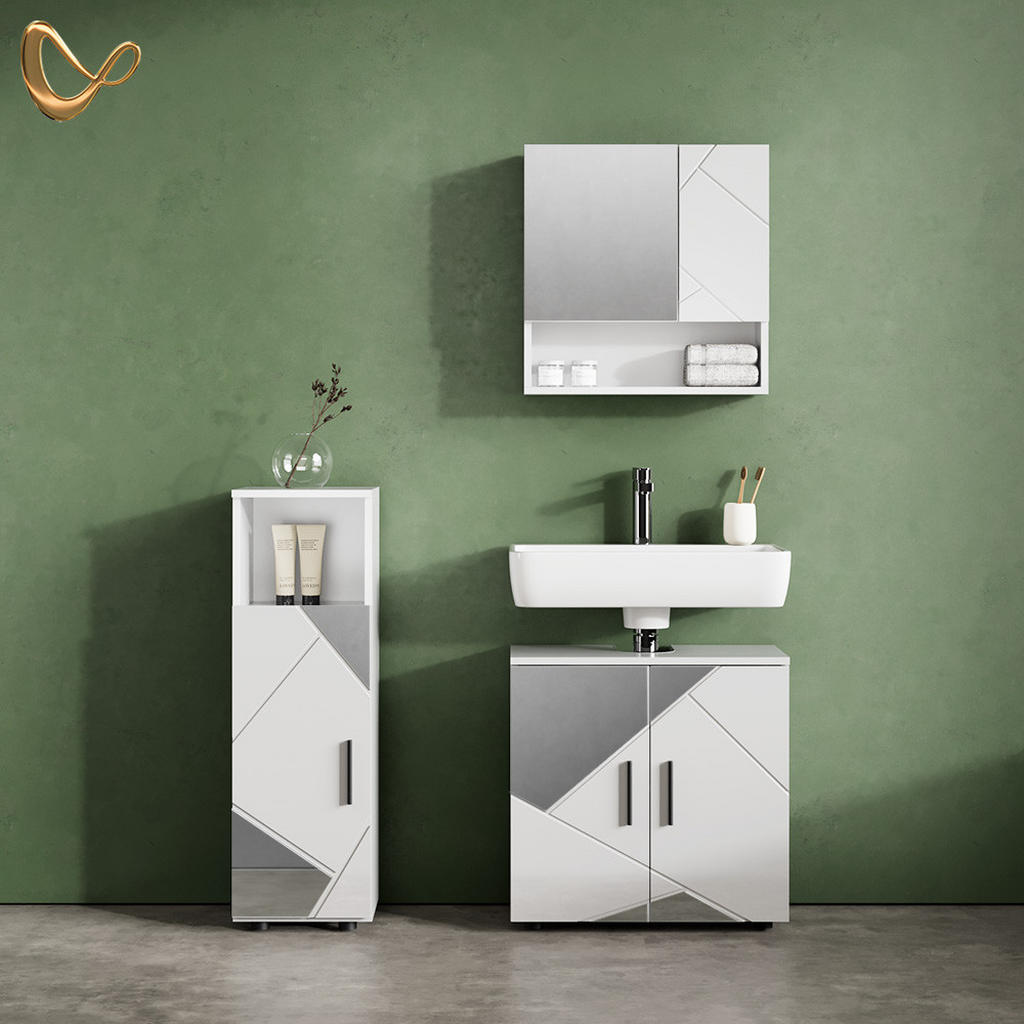 Thumbnail - Livinity® Midischrank, Weiß Hochglanz, Grau, Holzwerkstoff, 3 Fächer, 1 Schubladen, Rechteckig, 30x95x30 cm, Badezimmer,...