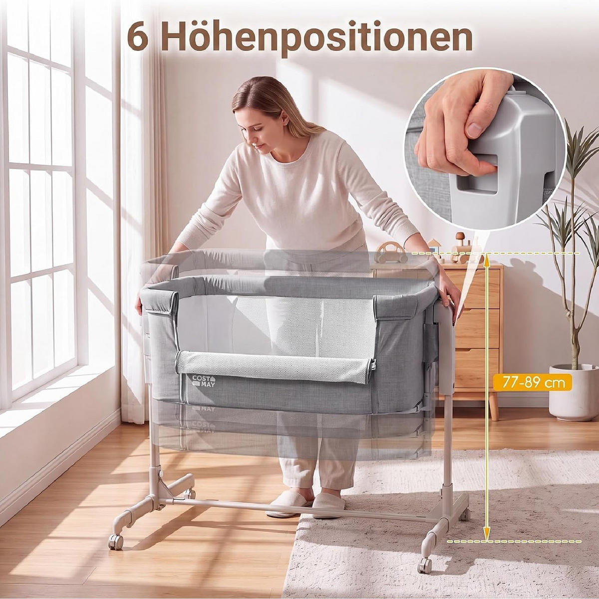 BABYWIEGE höhenverstellbar grau - Grau, Textil - COSTWAY