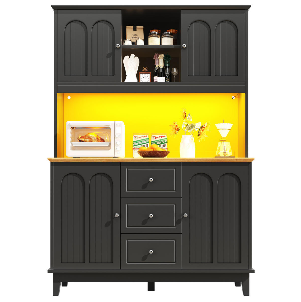 HOCHSCHRANK aus MDF in Holzoptik mit App-LED, 4 Türen und 3 Schubladen, 120/40/180 cm, Holzoptik，Schwarz - Schwarz, Holzwerkstoff (120/180/40cm) - Redom