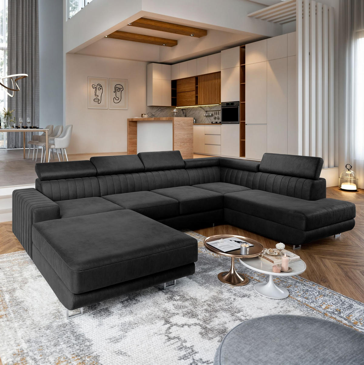 WOHNLANDSCHAFT SIENA R-S Schwarz Velours-Stoff mit Schlaffunktion - Schwarz, Holz (335/89/202cm) - MASSENO