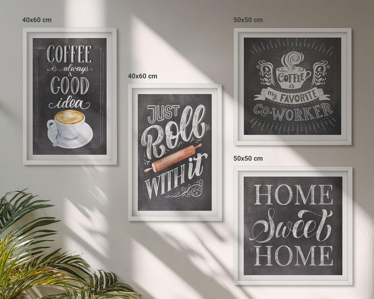 BILDER SET 4er Set - 50x50 cm & 40x60 cm Weißer Rahmen - Kaffeeroller, heimelige Wärme - Weiß, Kunststoff (50/50cm) - TULUP