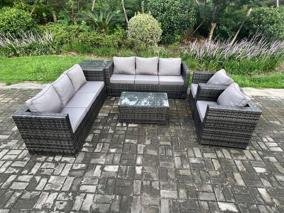 GARTENSET mit Beistelltisch Polyrattan 8-Sitzer - Dunkelgrau, Metall - Fimous