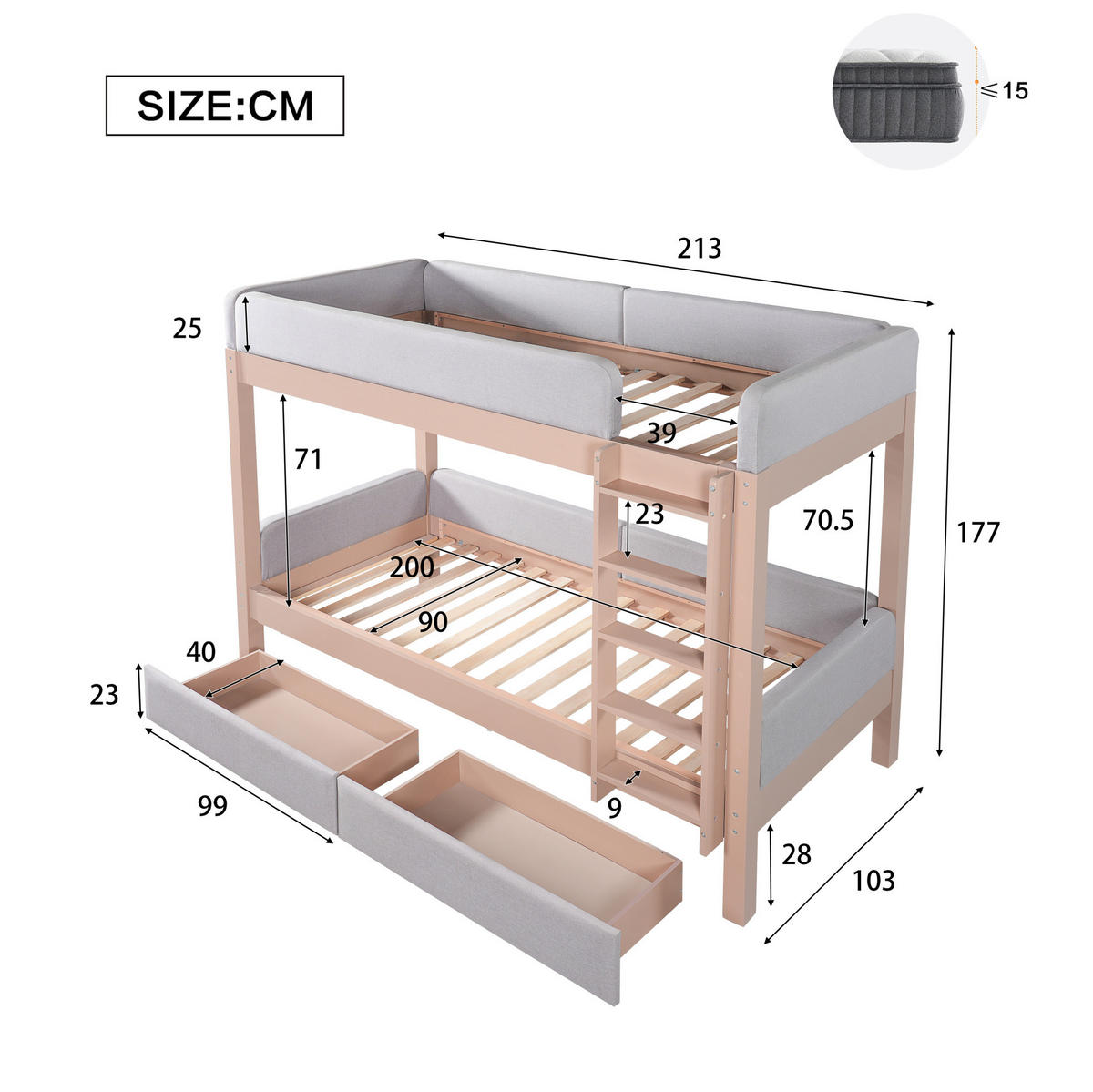ETAGENBETT 90/200 cm in Grau/Natur mit 2 Schubladen und gerader Treppe - Grau, Holz (90/200cm) - OKMYHOME