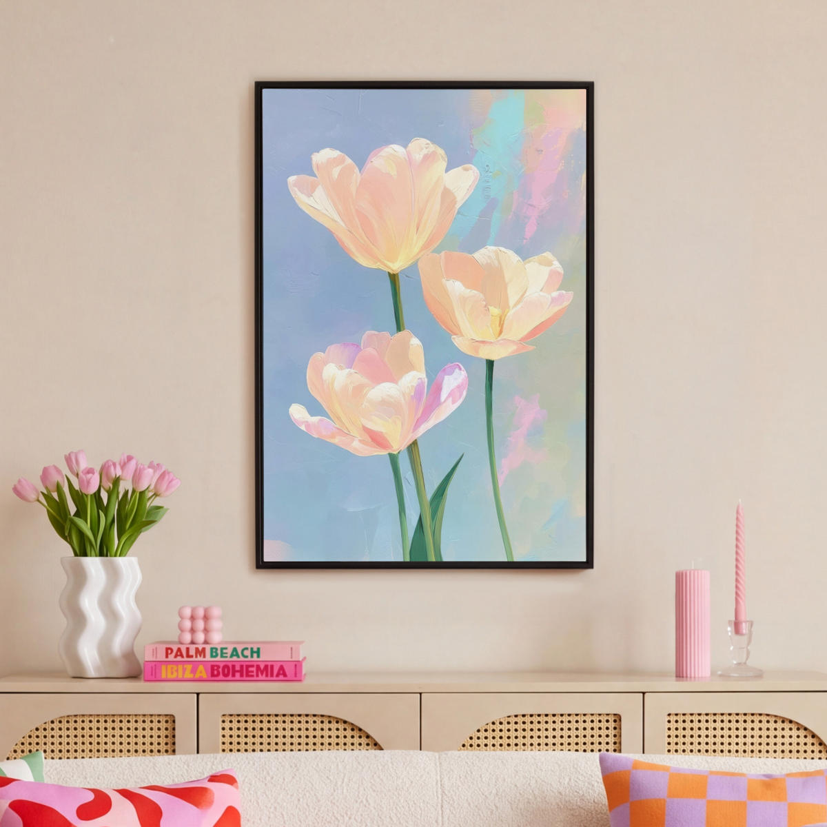 LEINWAND Bilder mit Rahmen - Tulpen - Rosa Akzente - Blau - 60x90 - Pastellblau, Textil (60/90cm) - MuchoWow