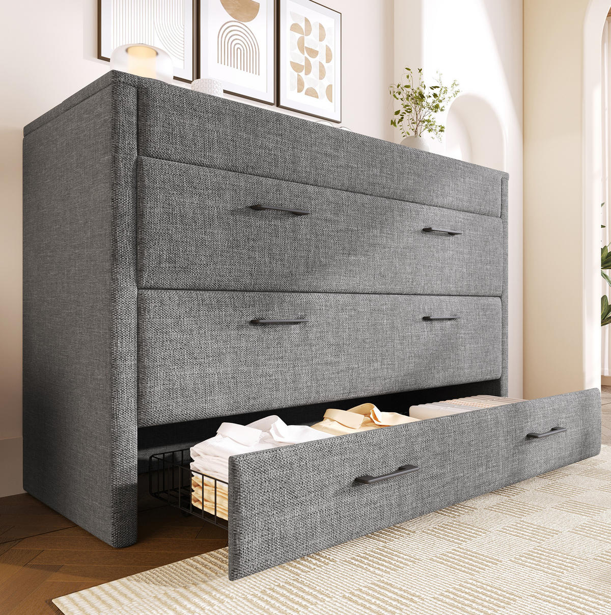 BETT 140/200 cm in Grau – Schrankbett mit Schublade und USB/Typ-C - Grau, Textil (140/200cm) - BEAOK