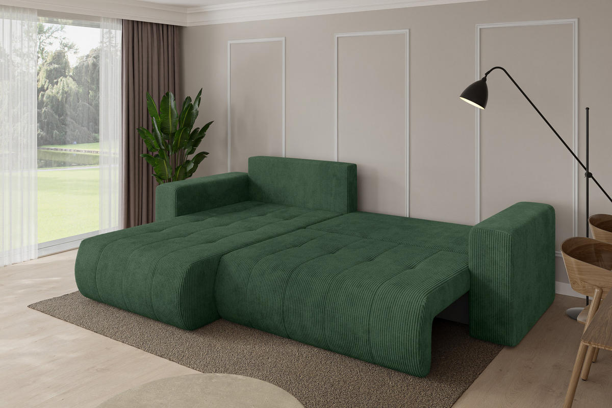 ROHOVÁ SEDAČKA s funkcí spaní, otoman vlevo MILA-L 277x194x86 zelená manšestr - černá/tmavě zelená, kompozitní dřevo/textil (277/194cm) - ALTDECOR
