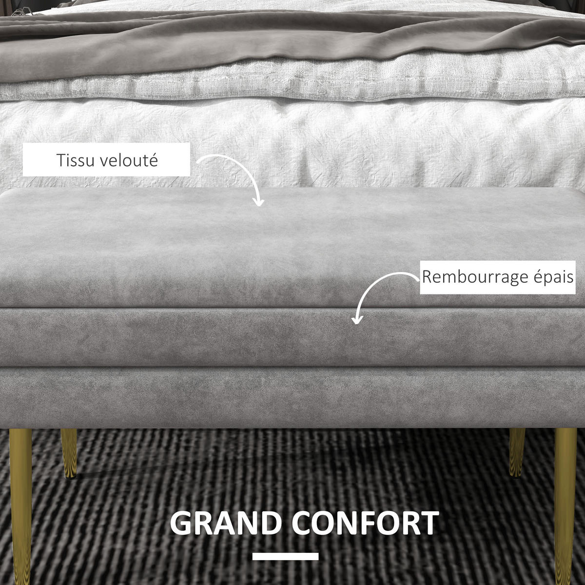 TRUHENBANK DE-16420 2-in-1 mit Stauraum und Samtbezug Grau/Gold - Grau, Textil (79.5/43/37.5cm) - ComfortXL