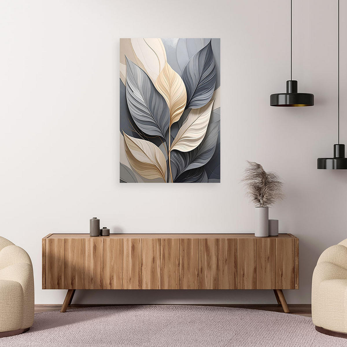 LEINWANDBILD, Dekorative Blätter in Grau- Beige- und Goldtönen - Grau, Textil (40/60cm) - Feeby