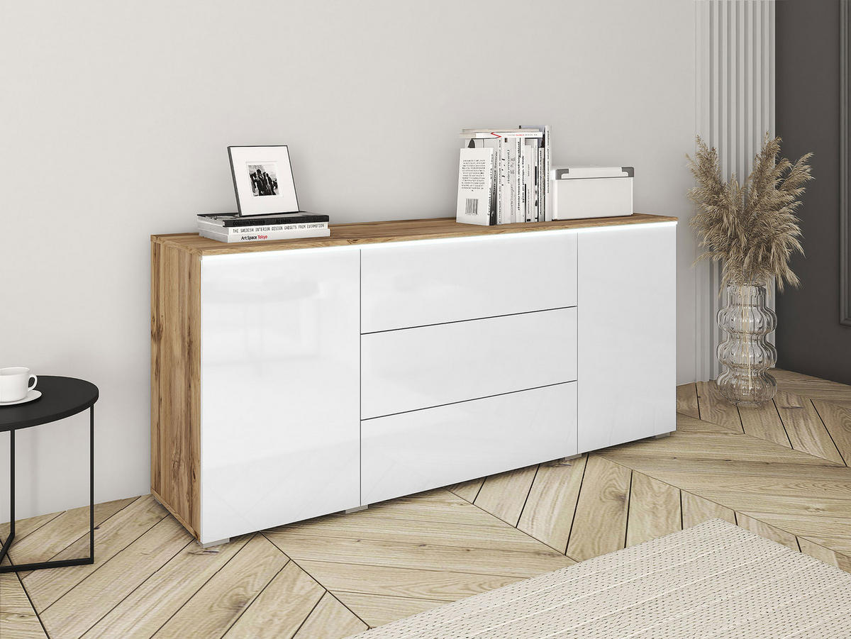 SIDEBOARD Vera 150 mit weißer LED Beleuchtung - Weiß Hochglanz/Eiche Wotan, Holzwerkstoff (150/66/40cm) - MIRJAN24