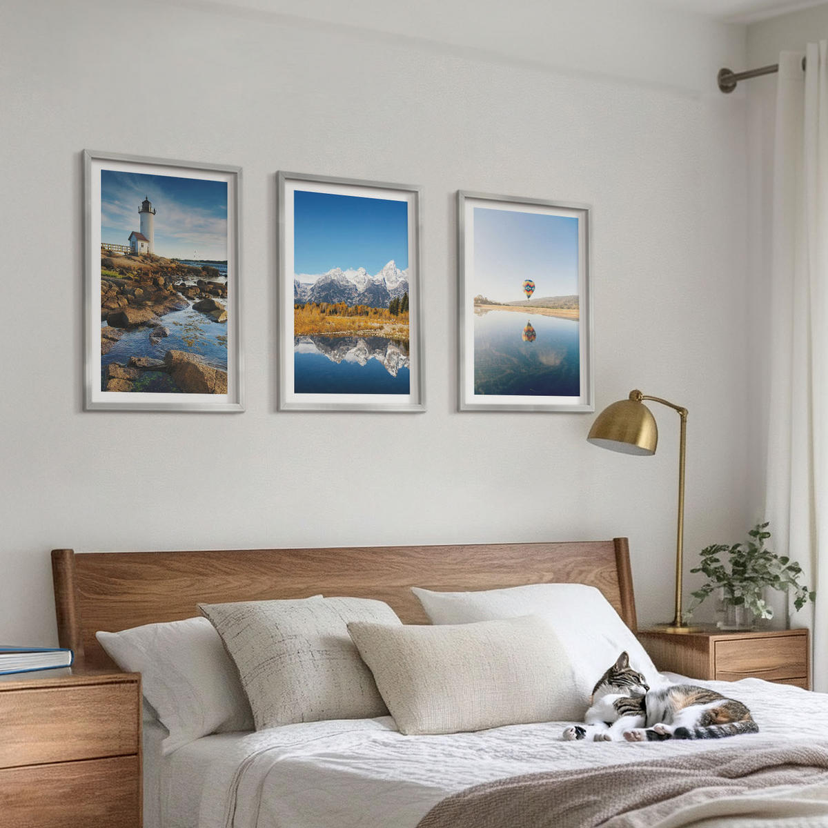 WANDBILDER 3er Set - 40x60 cm Silberner Rahmen - Naturansichten, Leuchtturm, Berge, Ballonfahrt - Silberfarben, Kunststoff (40/60cm) - ArtPrintCave
