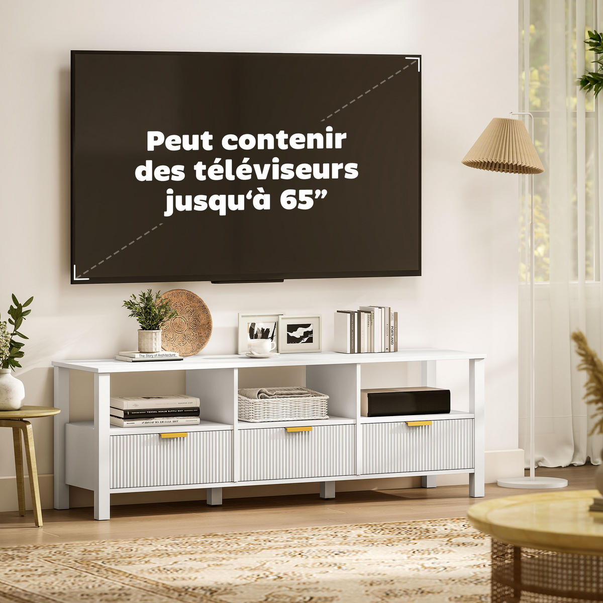 TV-LOWBOARD Weiß 152/39,5/50 cm, 3 Schubladen, 3 offene Fächer - Weiß, Holzwerkstoff (152/50/39.5cm) - PANGIVO