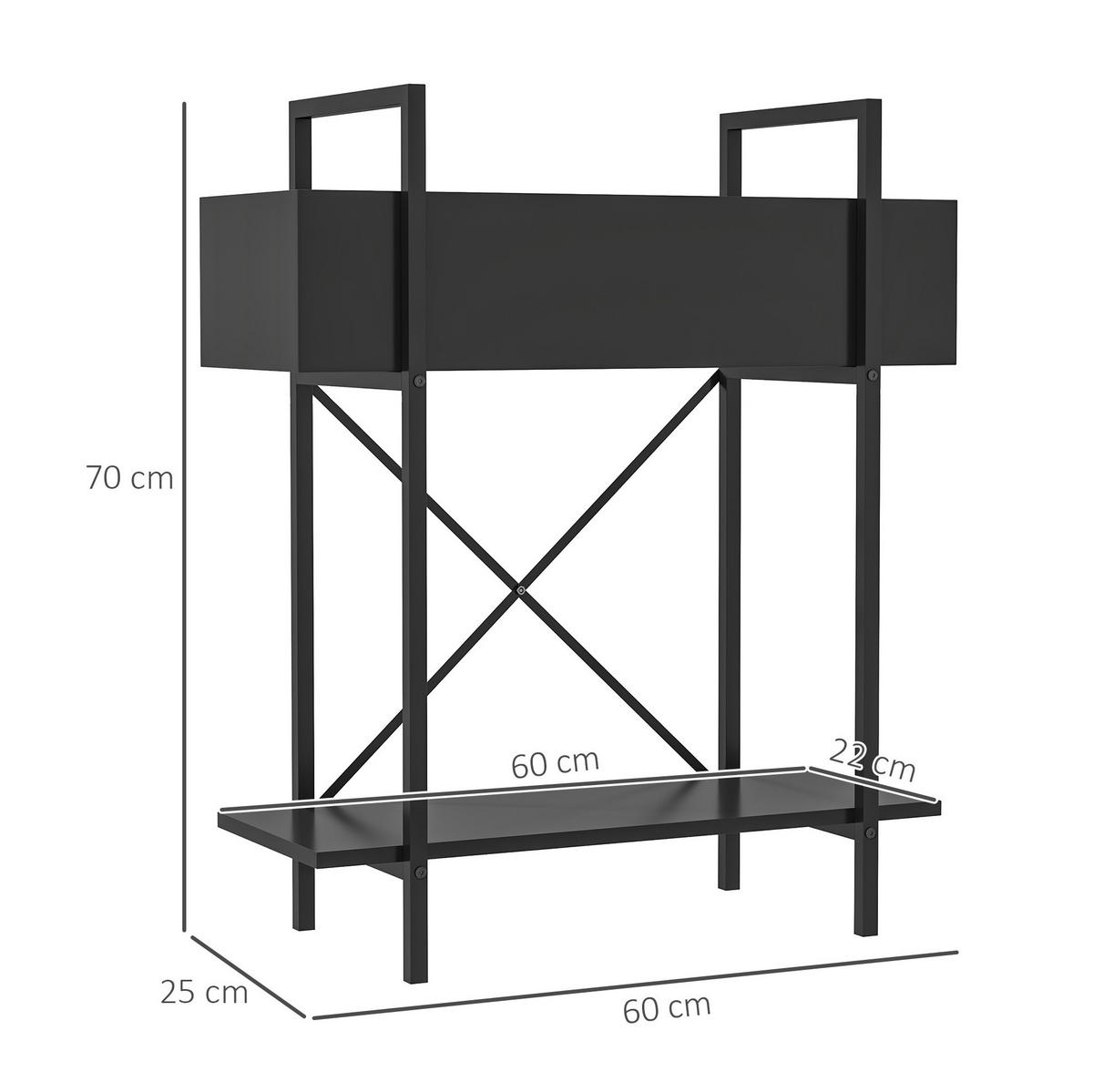 BLUMENSTÄNDER 60/25/70 cm aus Metall mit 2 Ebenen, Ablauflöchern und X-Rückenstruktur, Schwarz - Schwarz, Metall (25/70/60cm) - Redom