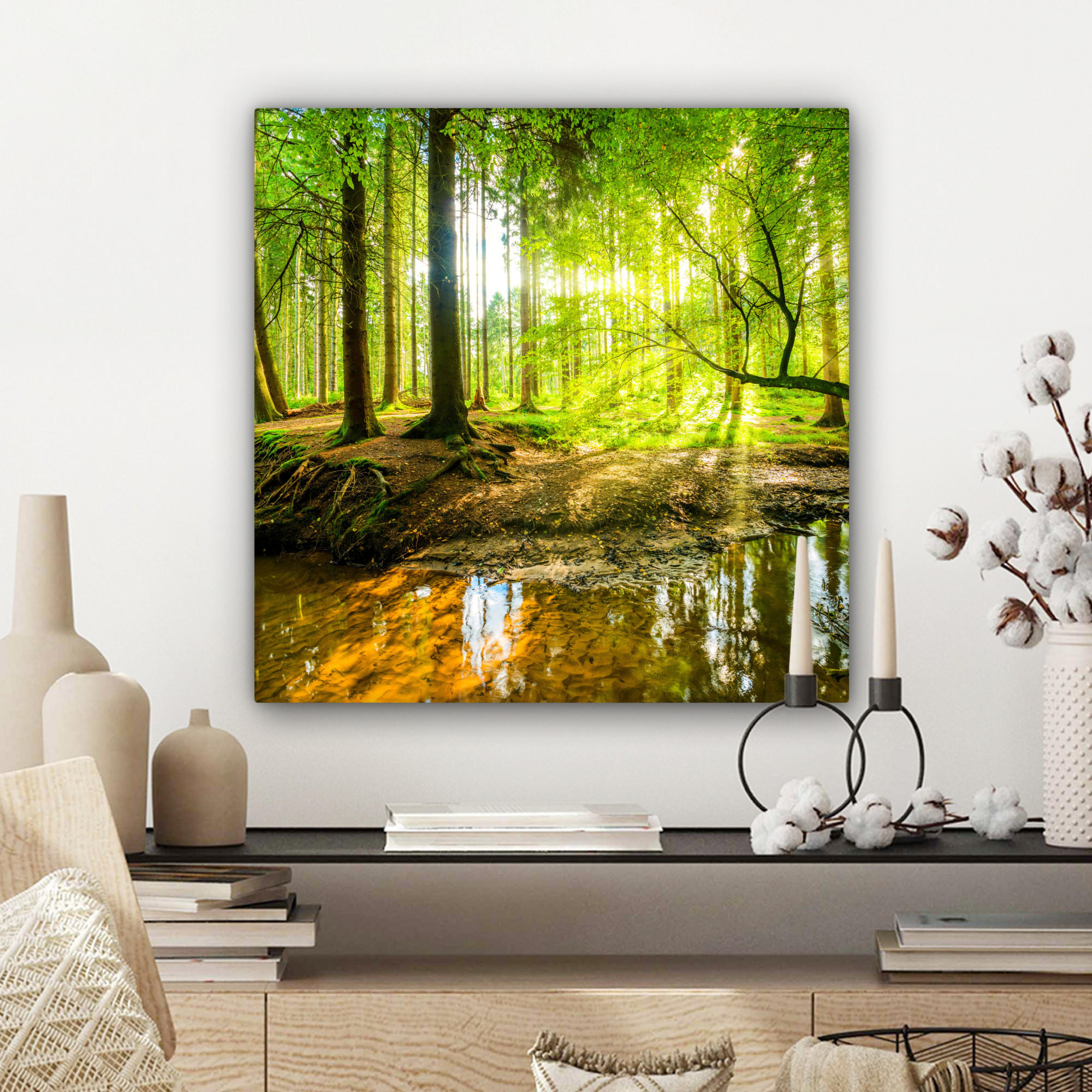 LEINWANDBILD Wald - Landschaft - Wasser - Bäume - Sonne - Grün - Natur 50x50 cm - Grün, Textil (50/50cm) - MuchoWow