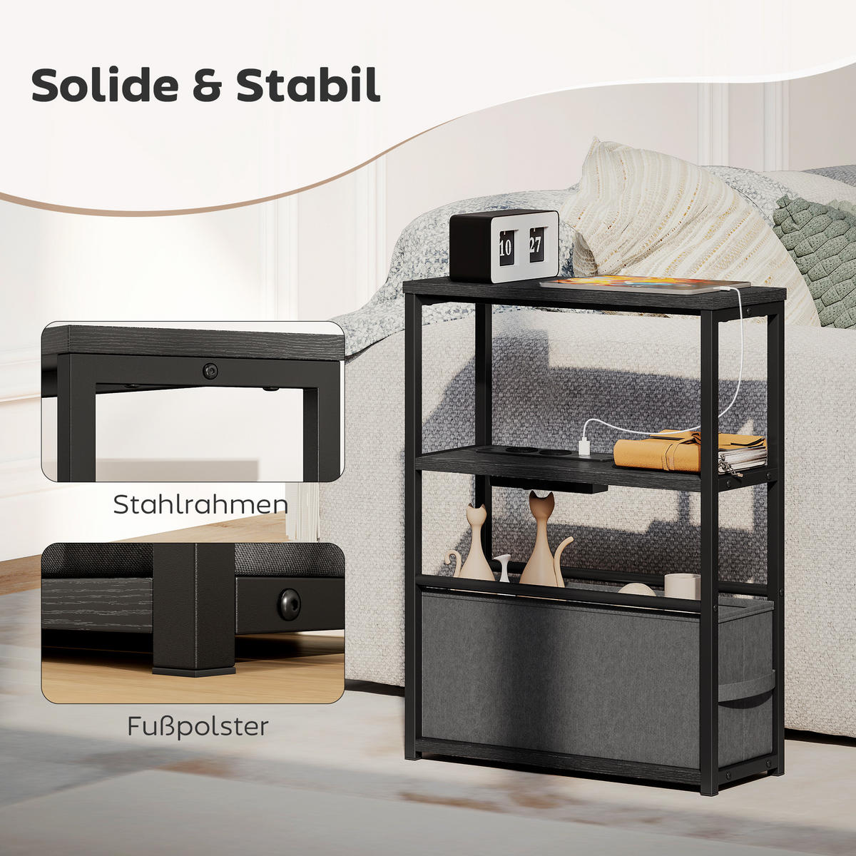 BEISTELLTISCH mit Steckdosenleiste USB & Type-C Ablage Schublade Stahlrahmen - Schwarz, Holzwerkstoff (45/18/60.2cm) - HOMCOM