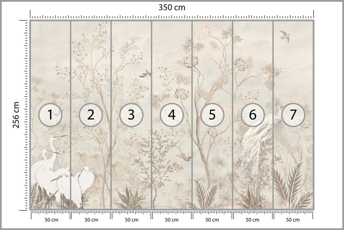 FOTOTAPETE für Esszimmer Weiße Vögel Bäumen Natur Kräne Blumen 350x256 - Beige, Papier (350/256cm) - Muralo