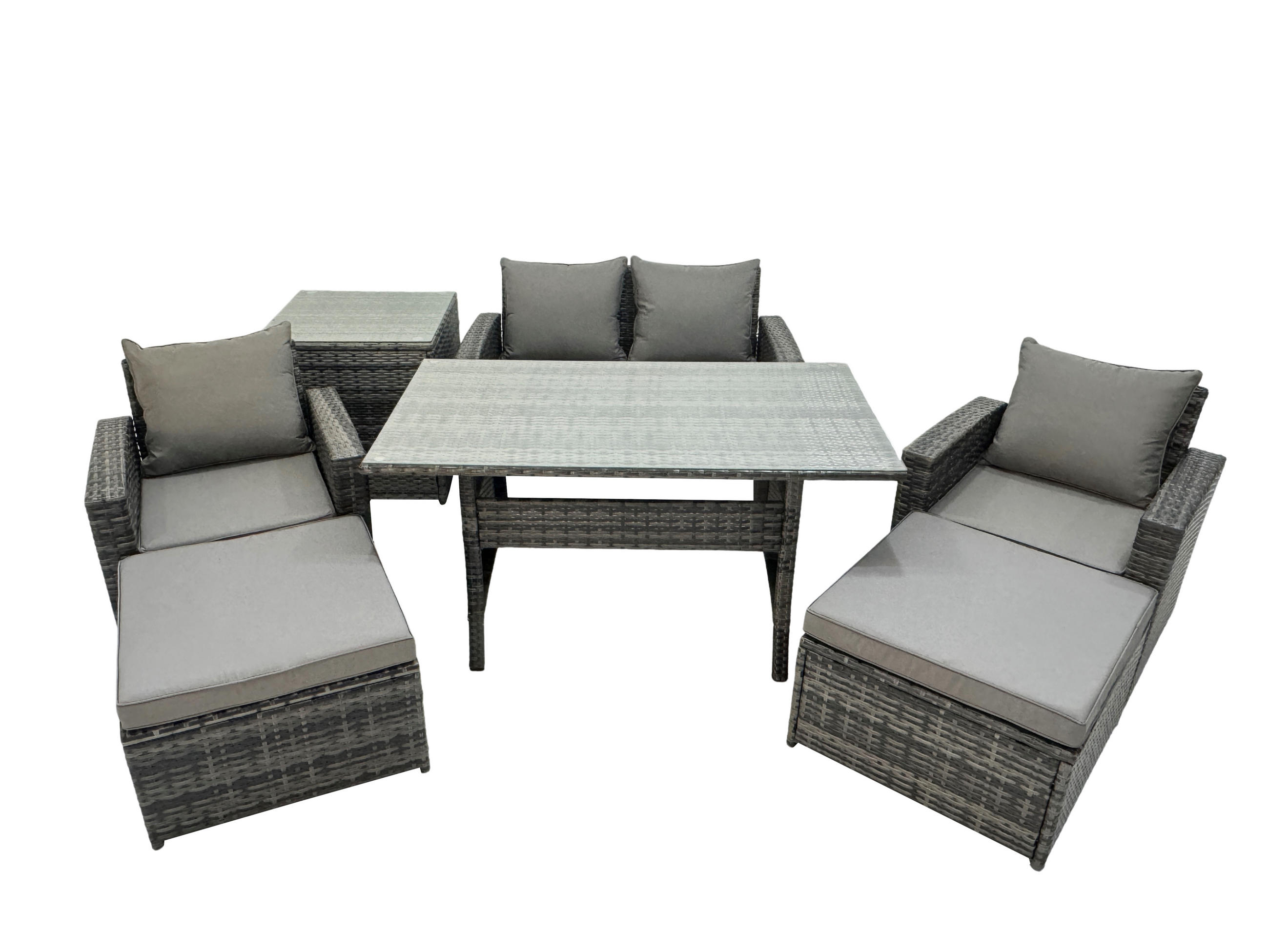 GARTENMÖBELSET mit 2 Sesseln,Zweisitzer,2 Hockern,Esstisch,Beistelltisch Polyrattan Dunkelgrau 6-Sitzer - Dunkelgrau/Grau, Glas/Kunststoff - Fimous