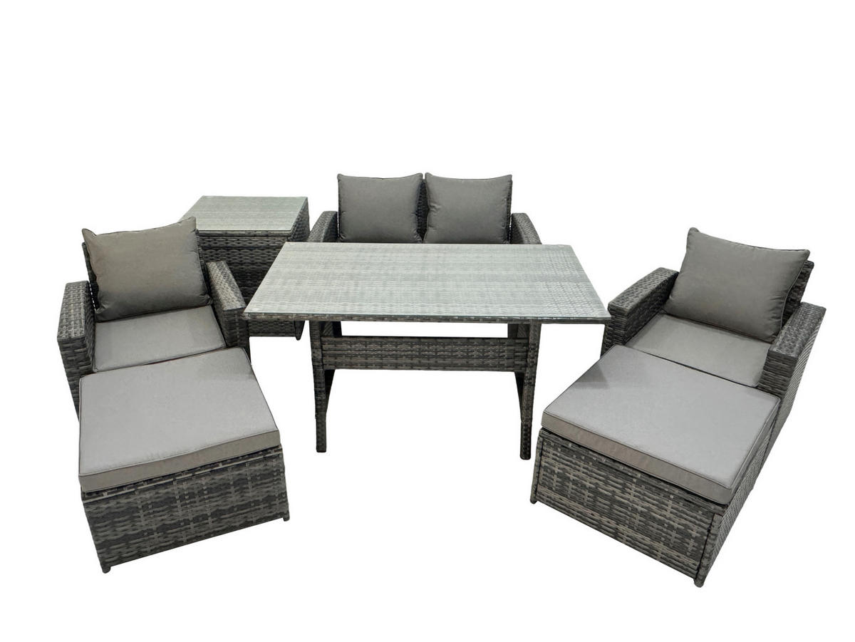 GARTENMÖBELSET mit 2 Sesseln,Zweisitzer,2 Hockern,Esstisch,Beistelltisch Polyrattan Dunkelgrau 6-Sitzer - Dunkelgrau/Grau, Glas/Kunststoff - Fimous