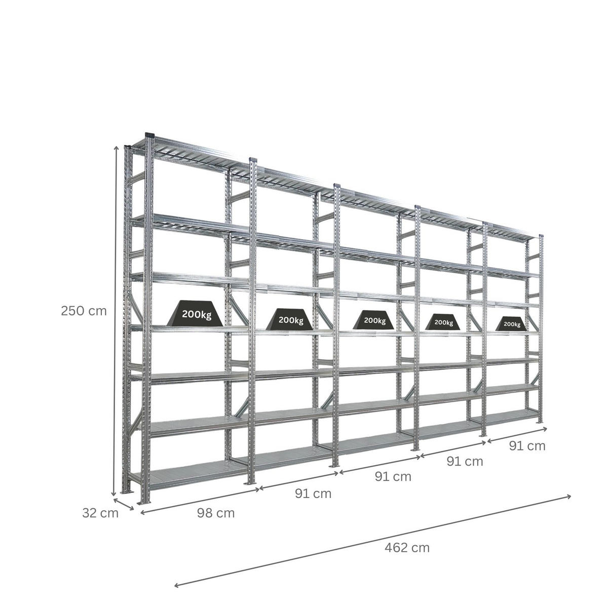 FACHBODENREGAL Proximo Stecksystem 250x450x32cm 7 Ebenen Beidseitig nutzbar Verzinkt - Silberfarben, Metall (450/250/32cm) - PROREGAL