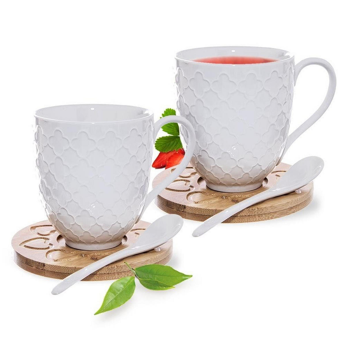 PORZELLANBECHER-SET WHITELINE, Porzellan/Bambus, weiß, 2 Stk., 370 ml - Weiß, Keramik (0.37L) - Orion 