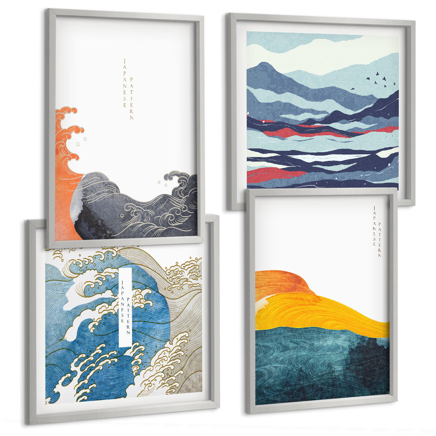 BILDER SET 4er Set - 50x50 cm & 40x60 cm Silberner Rahmen - Wellen – Japanische Kunstgrafik - Silberfarben, Kunststoff (50/50cm) - TULUP