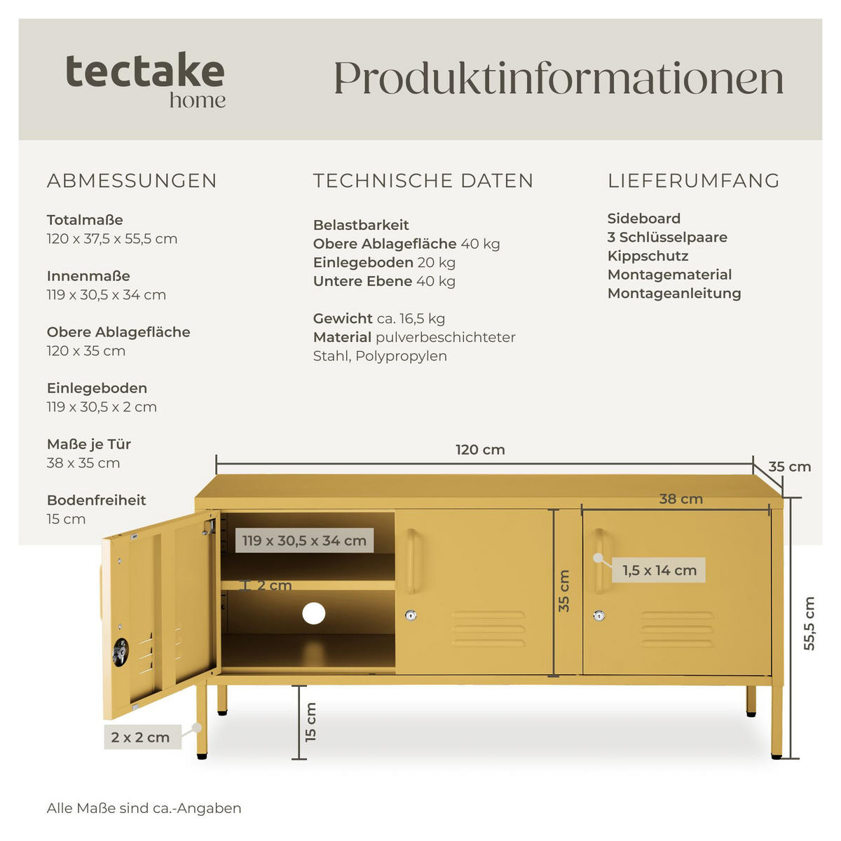 SIDEBOARD Baker, Kippschutz, höhenverstellbare Füße, gelb - Gelb, Metall (120/55.5/37.5cm) - tectake