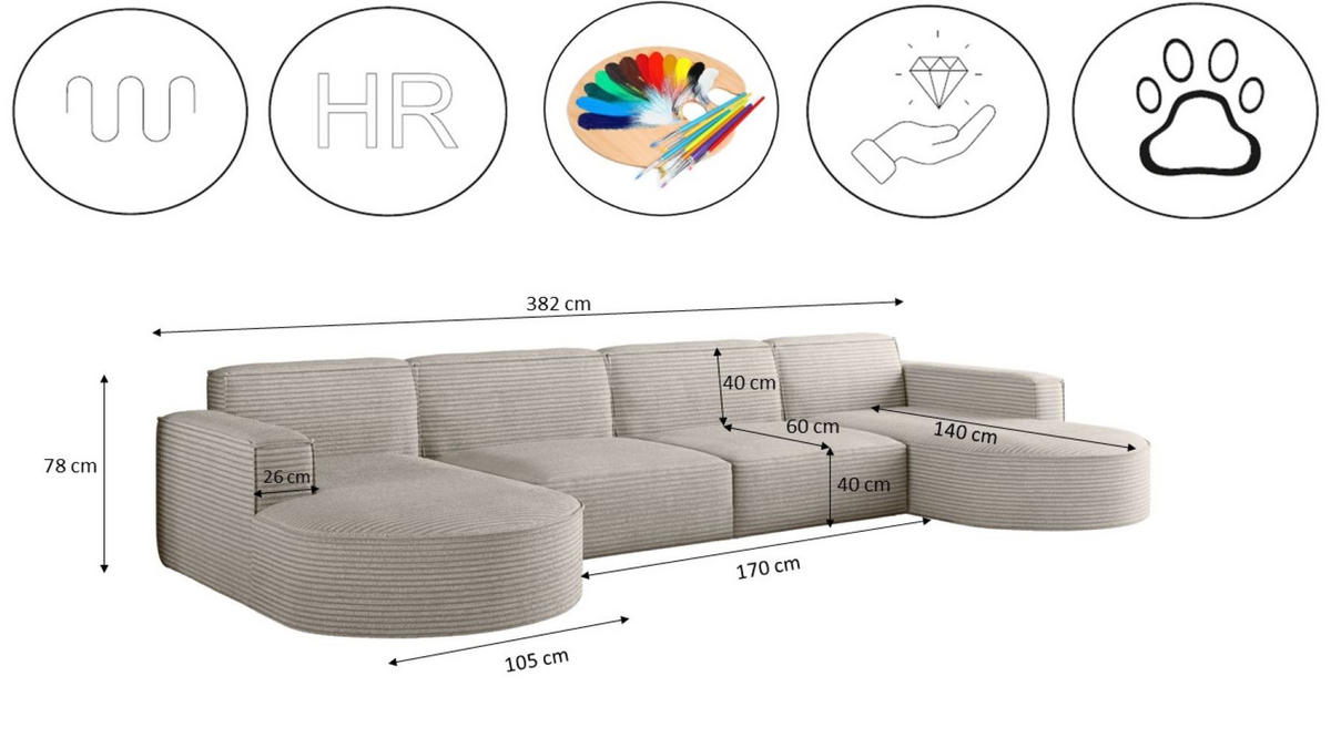 ECKSOFA U-Form XL Designer MODENA stoff Dicker Cord Poso Beige - Beige, Holz (165/382cm) - Kaiser Möbel