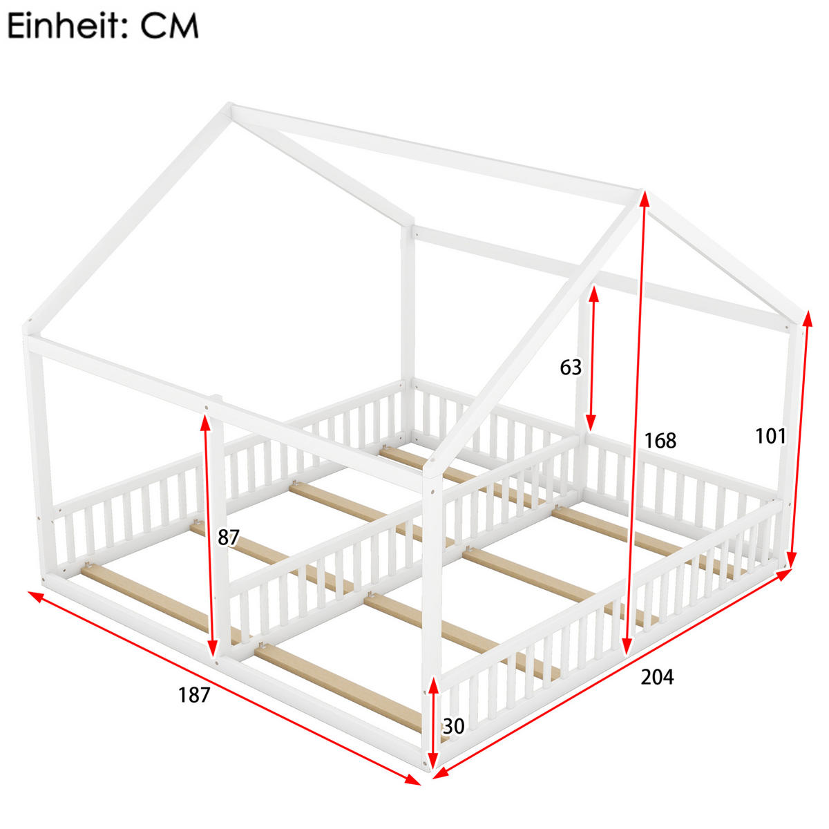 POSTELJA v obliki hiše 90/200 cm bela 2 v 1 z zaščitno ograjo iz bora in MDF - bela, les (90/200cm) - OKWISH