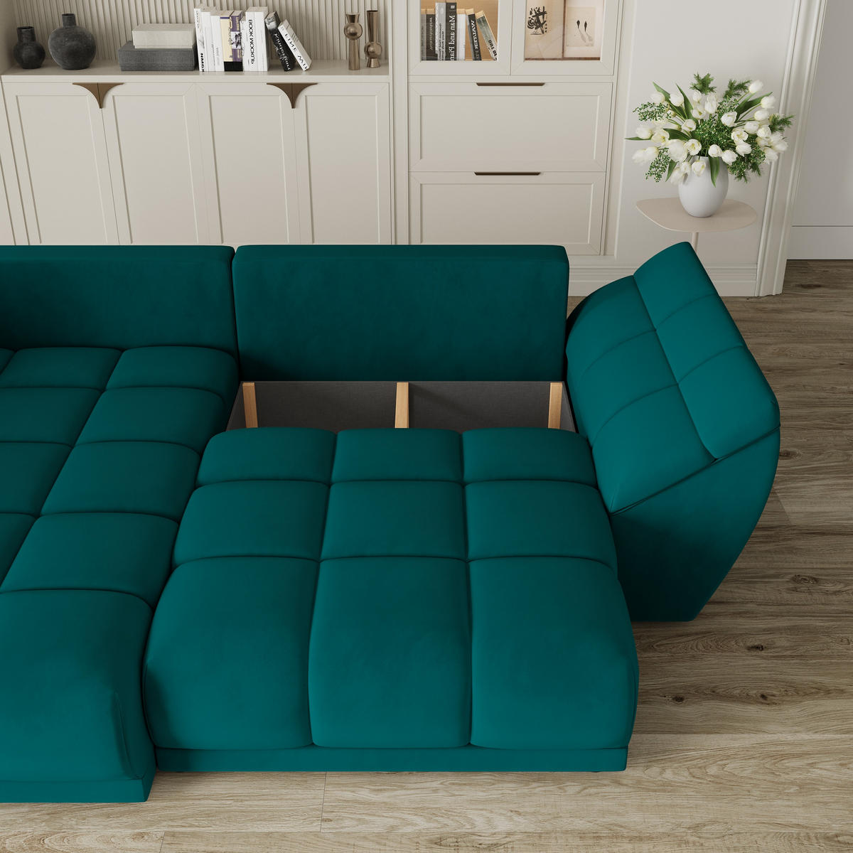 ECKSOFA ORENTI L-S Blau Velours-Stoff mit Schlaffunktion - Blau, Holz (287/182cm) - MASSENO