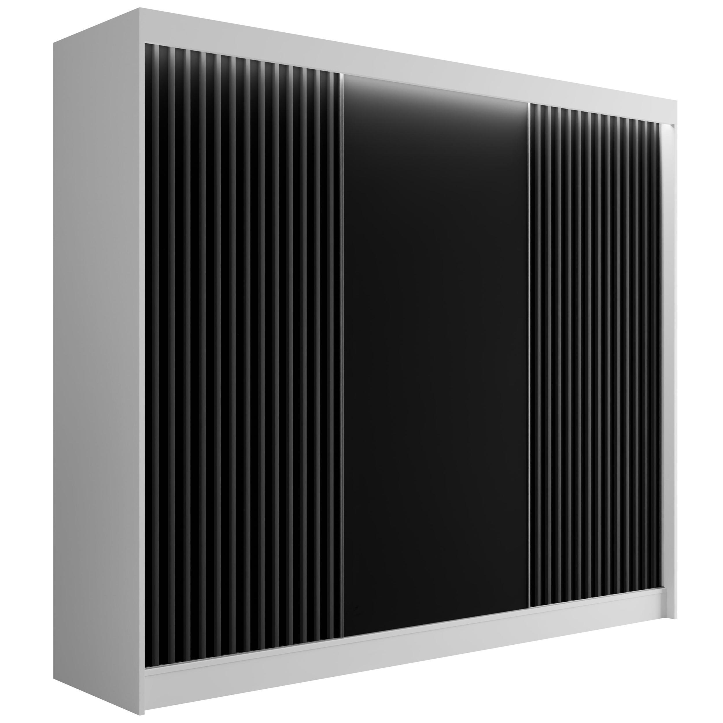 KLEIDERSCHRANK mit LED, Lamel-Schiebetüren VILANv2 - 250 cm Weiß + Lamelle schwarz - Schwarz/Weiß, Holzwerkstoff (250/215/61cm) - ALTDECOR