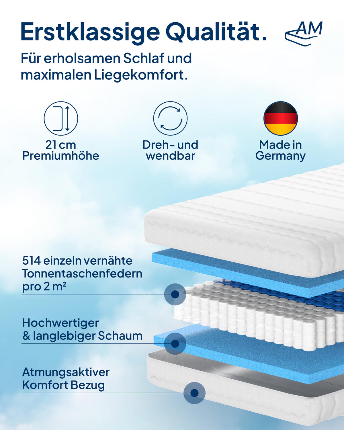 TASCHENFEDERKERNMATRATZE 200/200 cm H3 - 20cm Höhe & Toledo Bezug - Weiß, Textil (200/200cm) - AM Qualitätsmatratzen