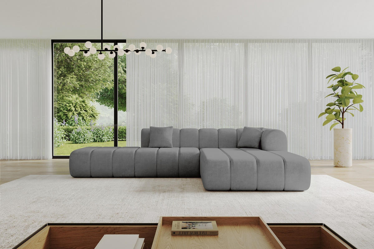 ROHOVÁ SEDAČKA s otomanem, pravá BILA-L 289x176x71 Šedá Velur - šedá/černá, kompozitní dřevo/textil (289/176cm) - ALTDECOR