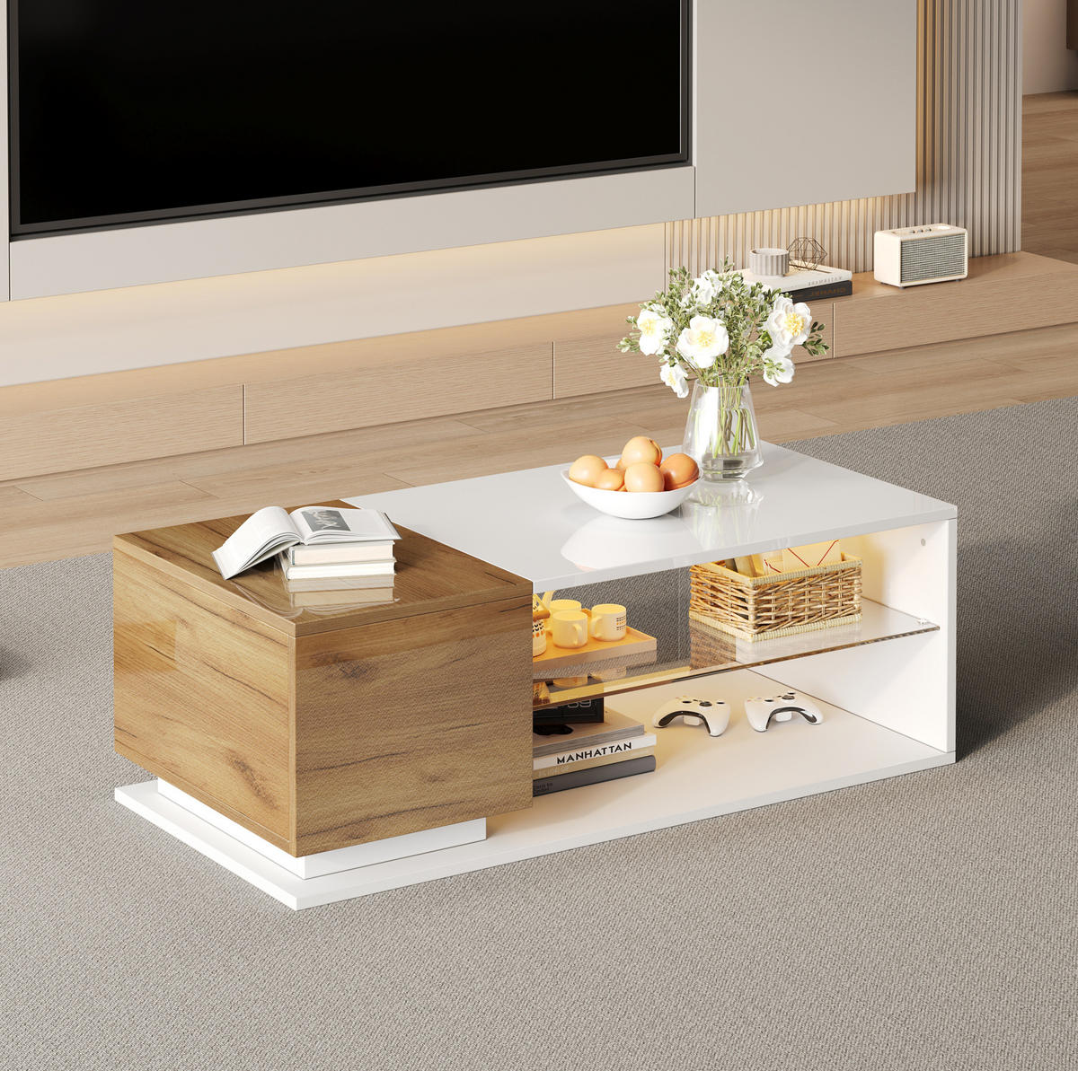 COUCHTISCH 105/50/36 cm mit LED-Beleuchtung, Stauraum und Hochglanzoberfläche, Weiß/Holzfarbe - Weiß, Holzwerkstoff (105/50/36cm) - Modfu