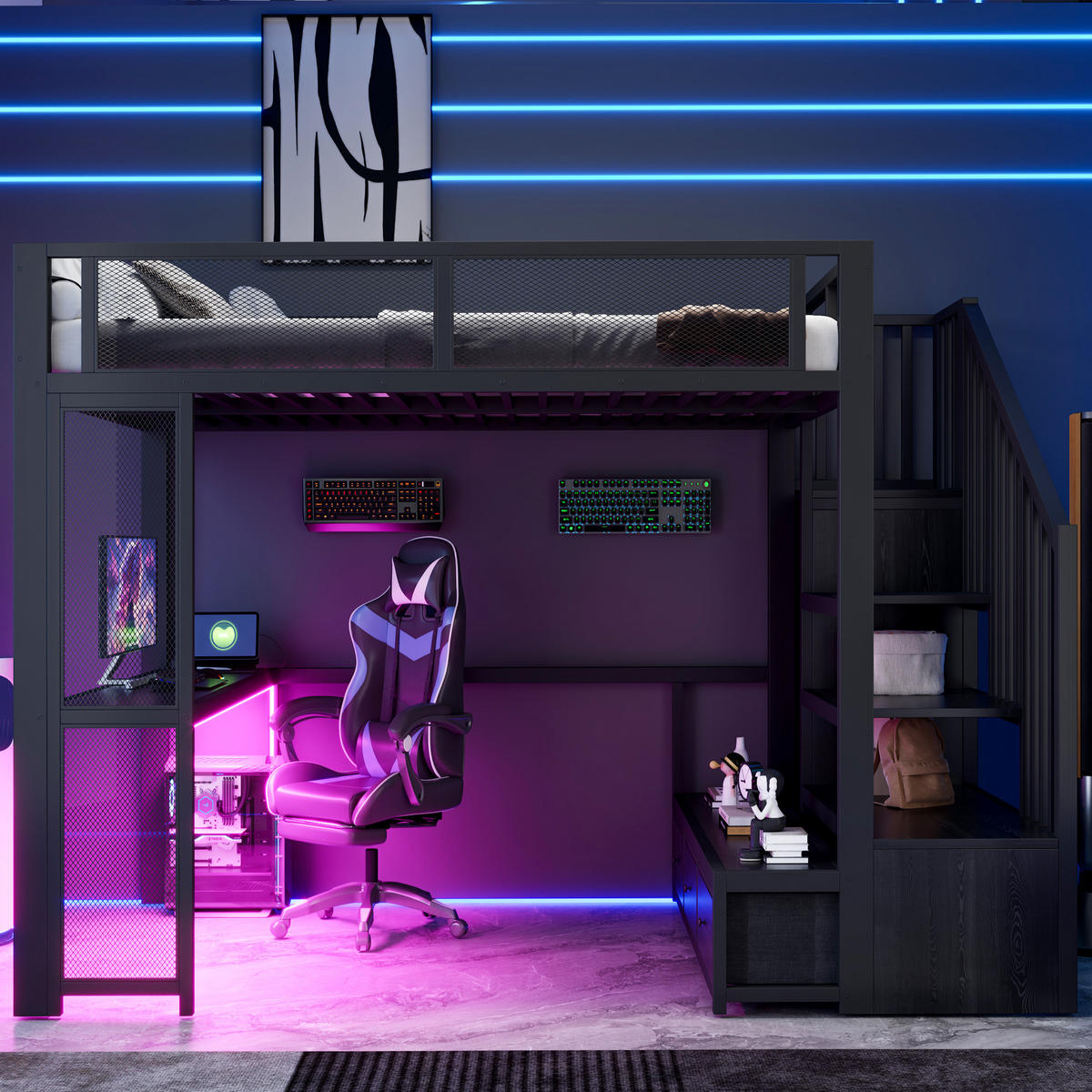 HOCHBETT 140x200 cm mit Treppe/USB-Anschluss und LED-Beleuchtung, Schwarz - Schwarz, Metall (140/200cm) - KOMHTOM