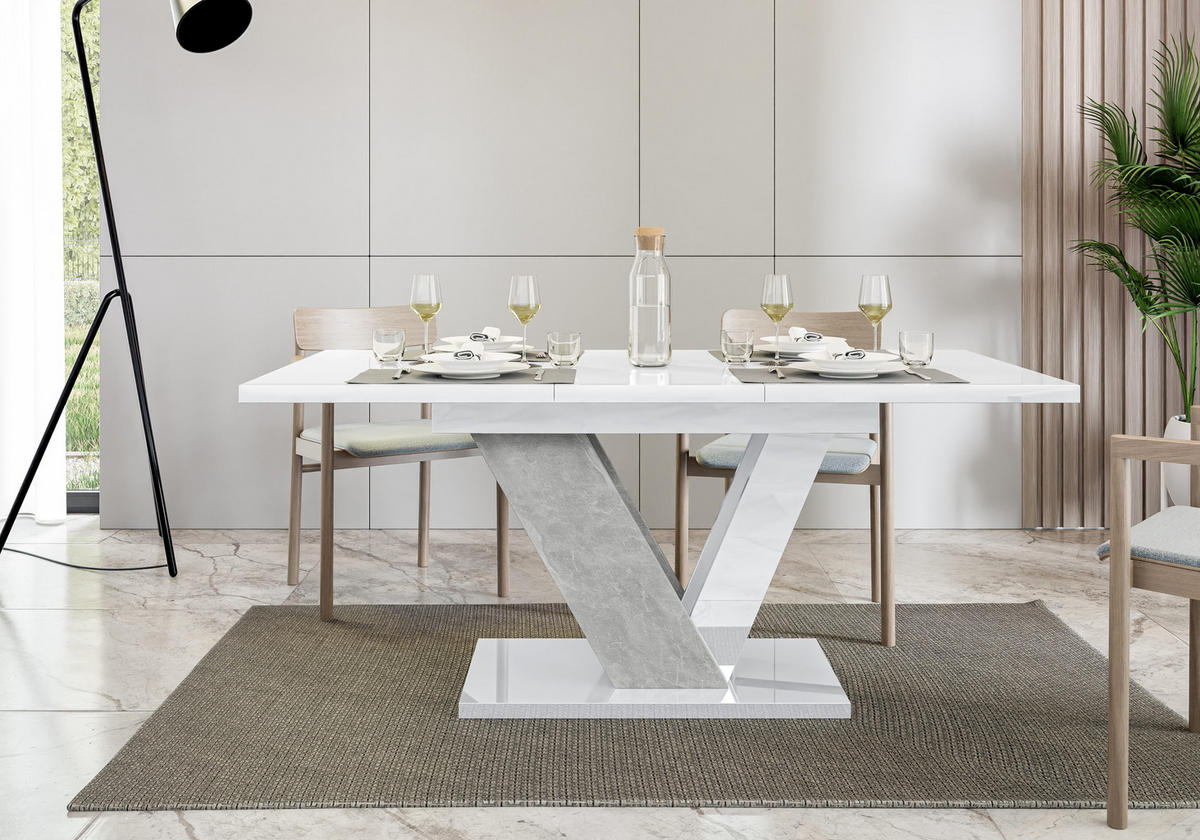 ESSTISCH Weiß Hochglanz Ausziehbar 120 - 160 cm - Weiß Hochglanz/Grau, Holzwerkstoff (120/80/76cm) - PROSPERO