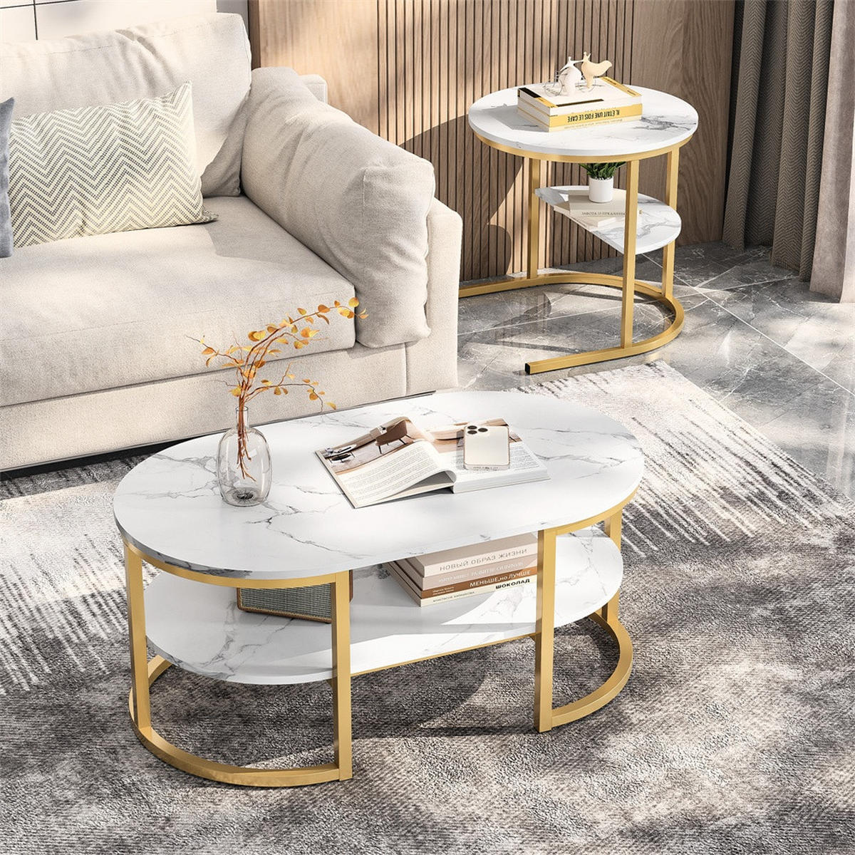 COUCHTISCH 2er-Set - Ovaler und Runder Couchtisch in Marmoroptik mit Ablage - Weiß und Gold - Goldfarben, Holzwerkstoff (46/80/41cm) - DELFA