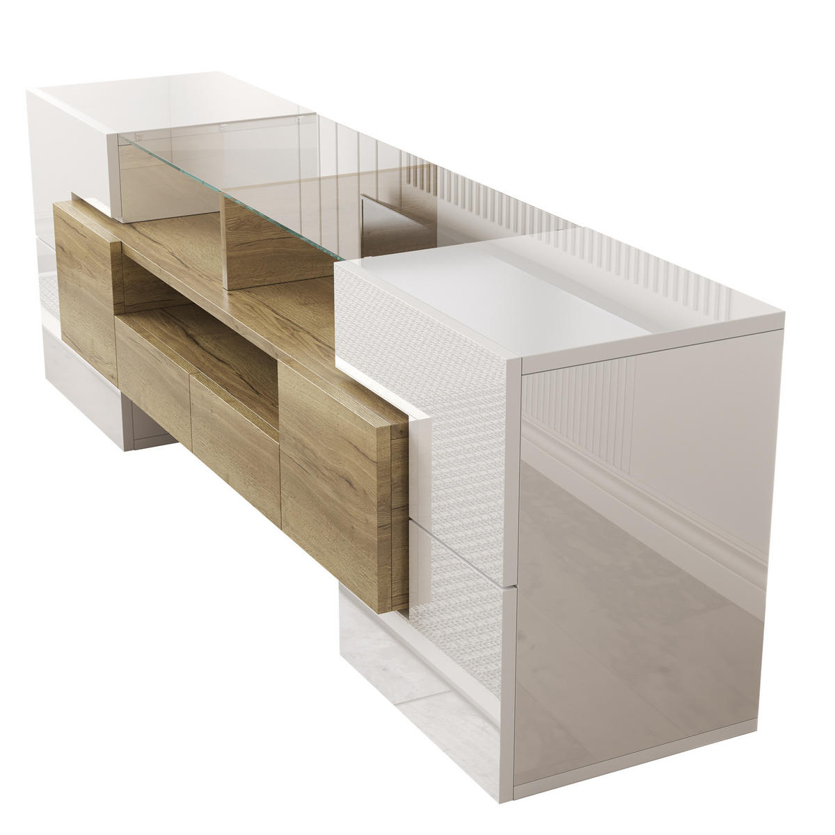 TV-LOWBOARD aus Holzwerkstoff 145x30x51 cm Weiß-Gold mit LED-Beleuchtung und viel Stauraum - Weiß, Holzwerkstoff (145/51/30cm) - Modfu