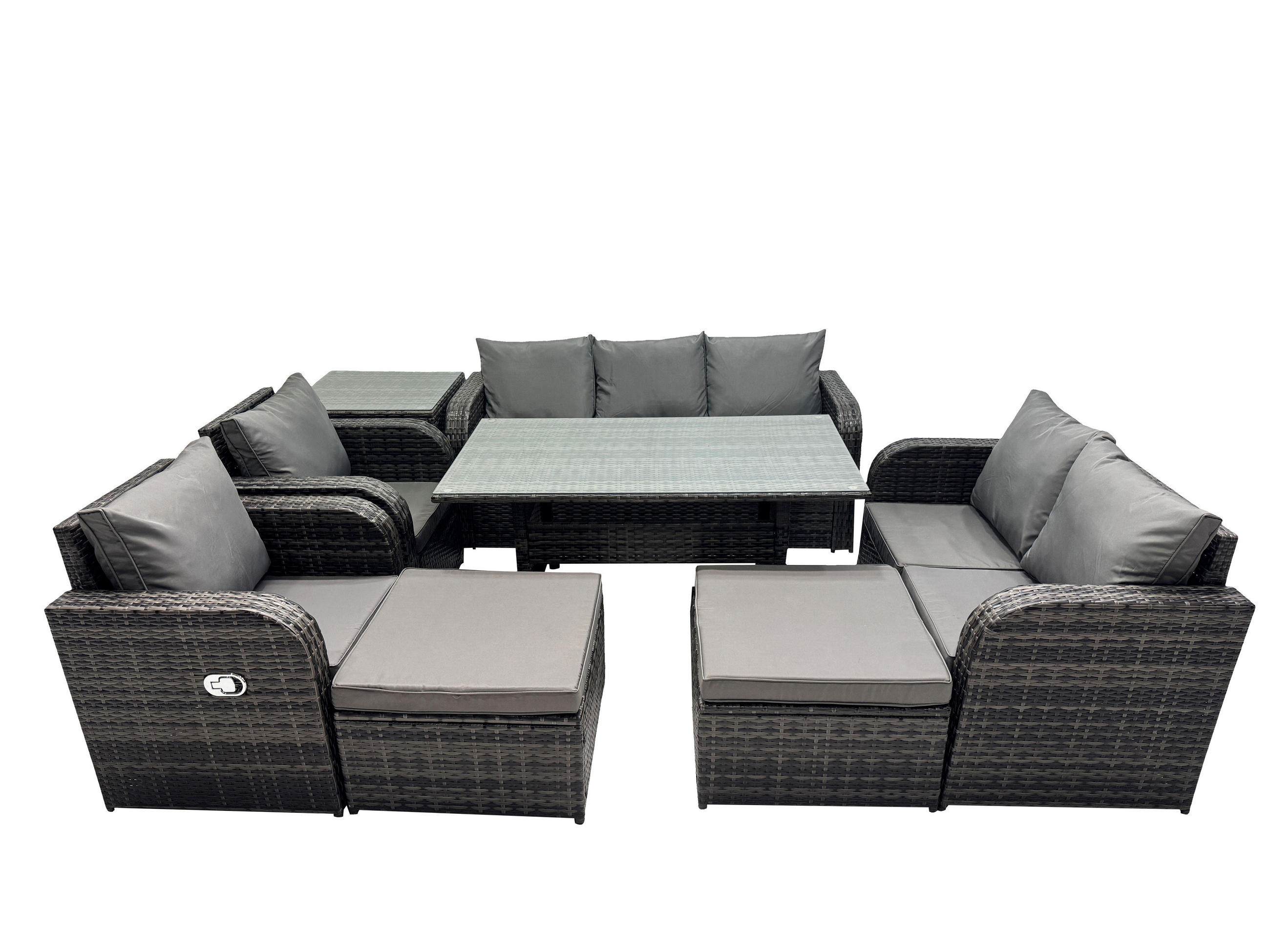 Gartenmöbelset mit Esstisch,3-Sitzer Sofa,2 Hockern,Beistelltisch Polyrattan Dunkelgrau 9-Sitzer - Dunkelgrau/Grau, Glas/Kunststoff - Fimous