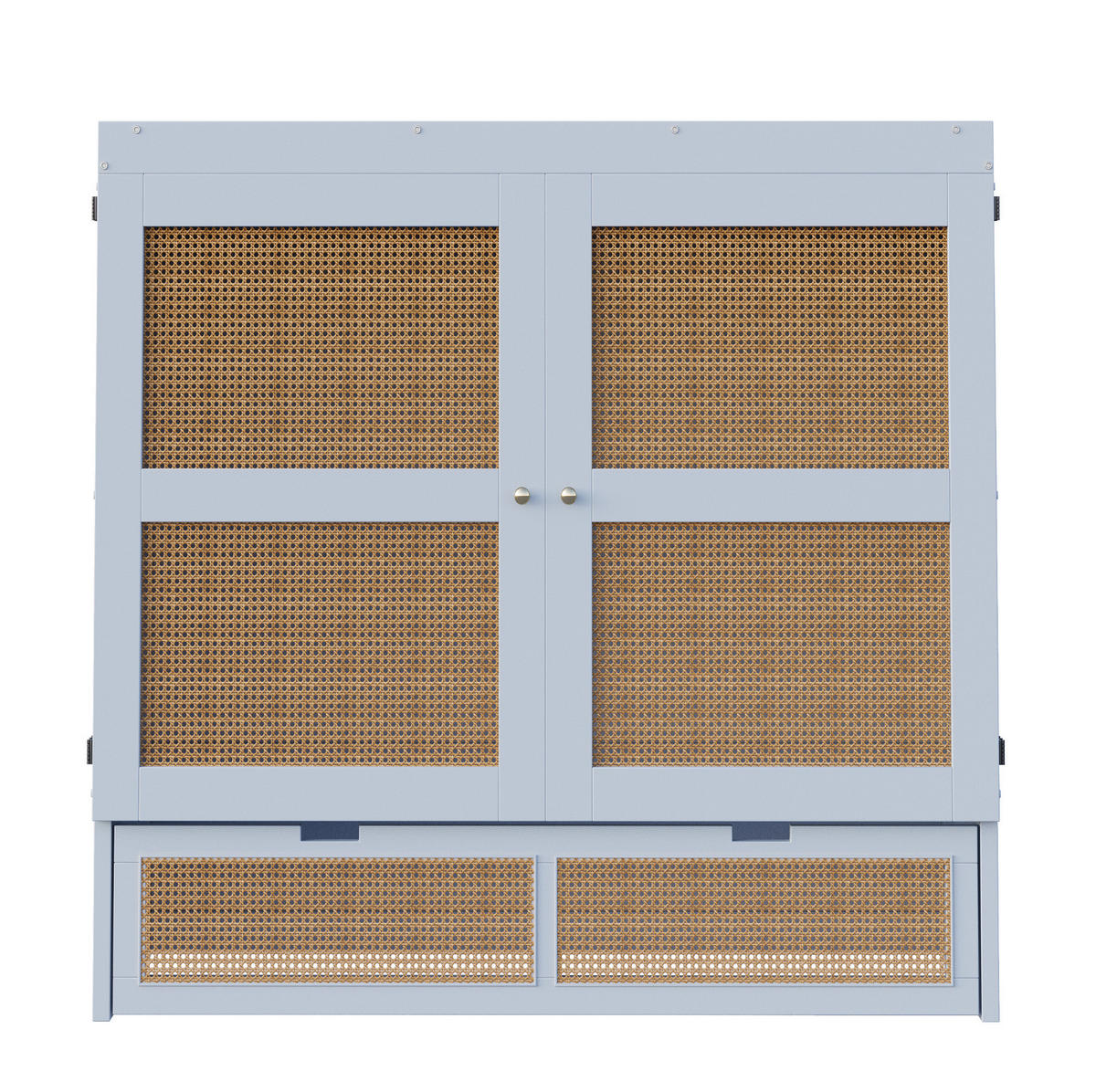 ZIDNI krevet od drva 140x200 cm sivi sa spremišnim ladicama, rotirajućim vratima 270° i ratan detaljima - siva, drvni materijal (135/190cm) - Modfu