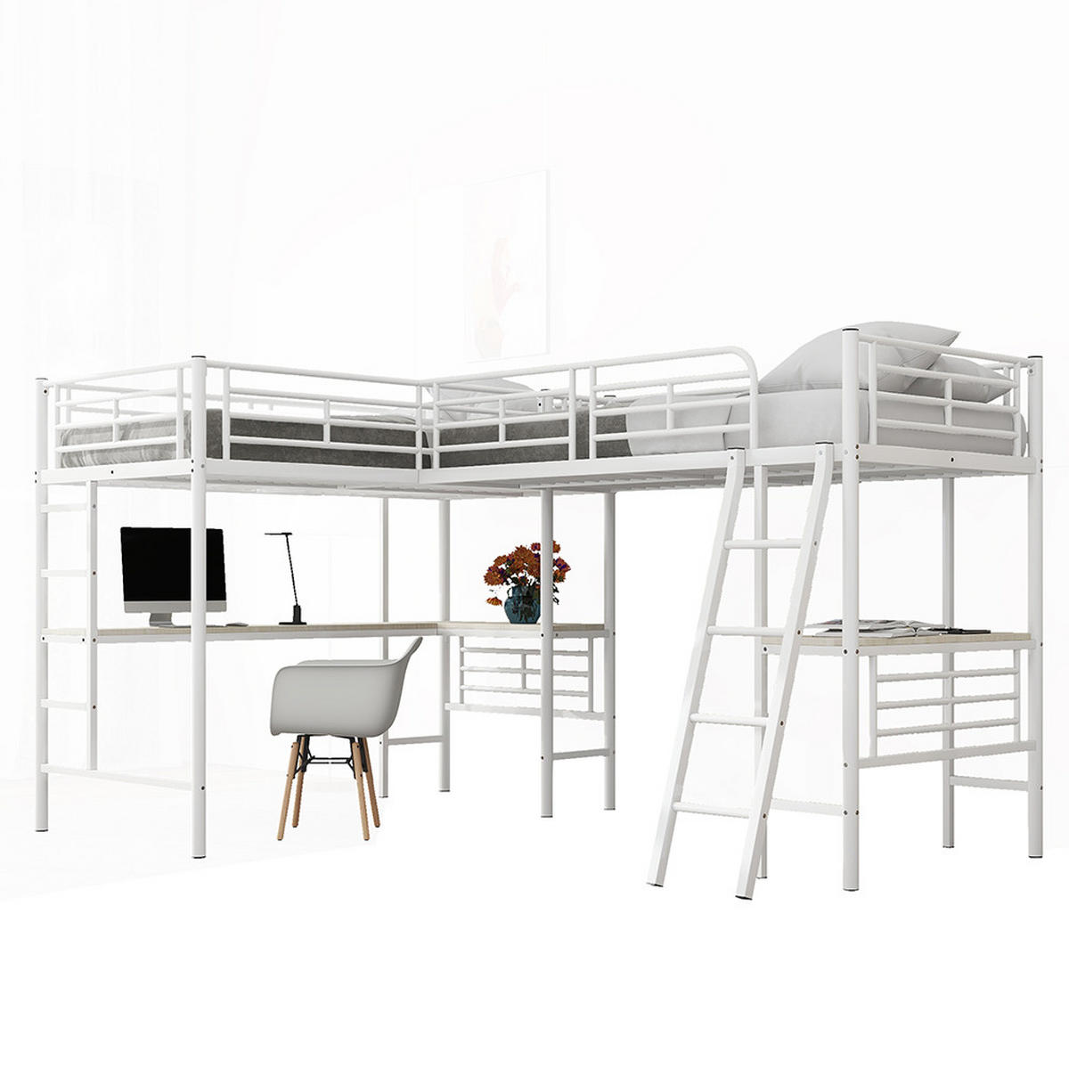 HOCHBETT 90/200 cm in Weiß mit Doppeltreppe - Weiß, Metall (90/200cm) - KOMHTOM