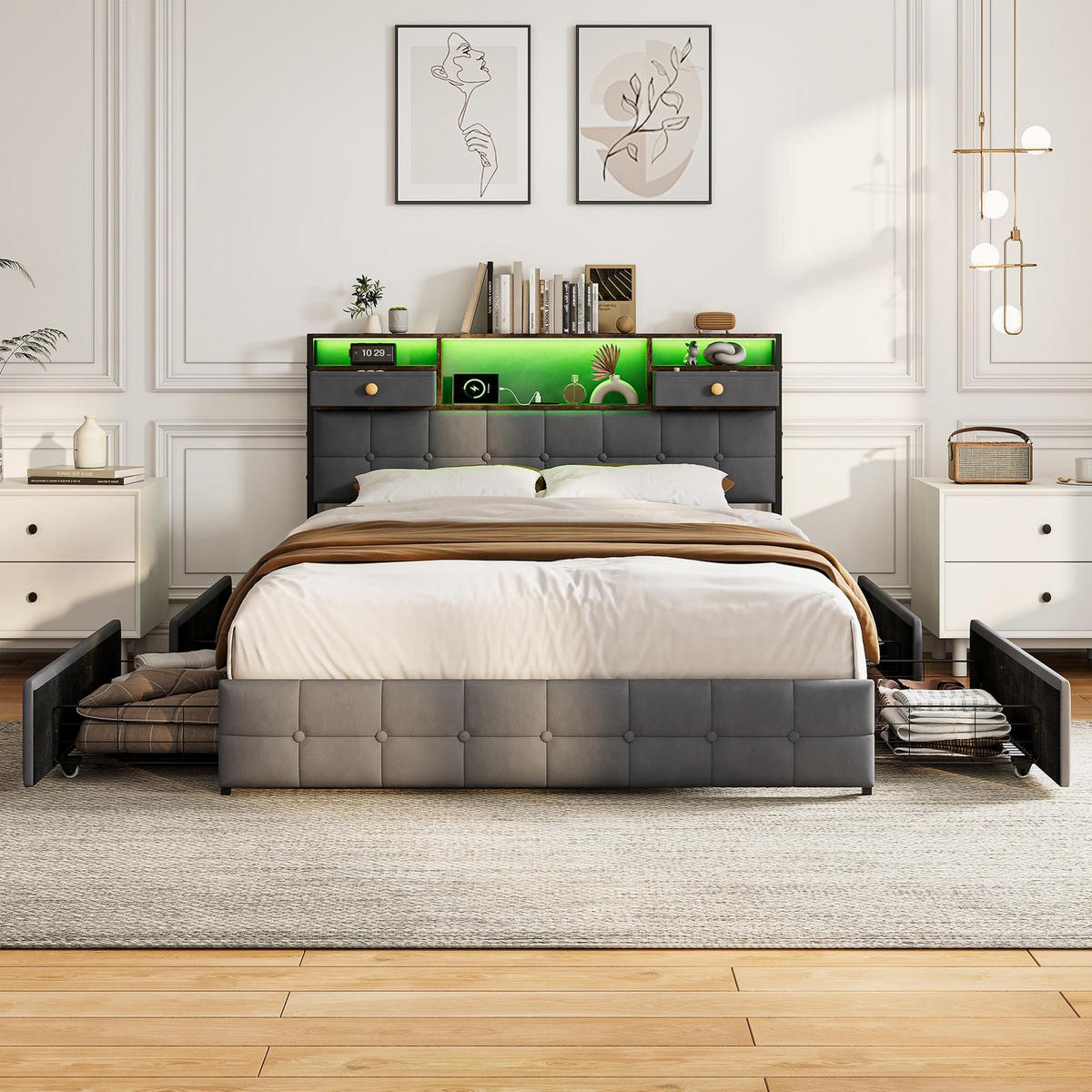 STAURAUMBETT 140/200 cm aus Samt, mit 4 seitlichen Schubladen + 2 Kopfteil-Schubladen, LED und USB-Anschluss, Grey - Grau, Holzwerkstoff (160/200cm) - Brevoria