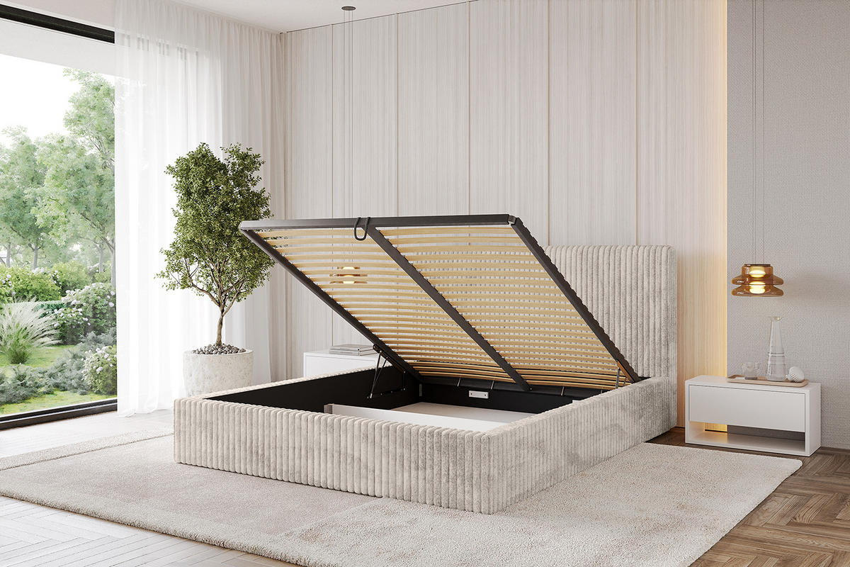 POLSTERBETT mit Bettkasten und Lattenrost, Bett mit Matratze H3/H4 - ALOVA-V1 - Creme, Holzwerkstoff/Textil (180/200cm) - ALTDECOR