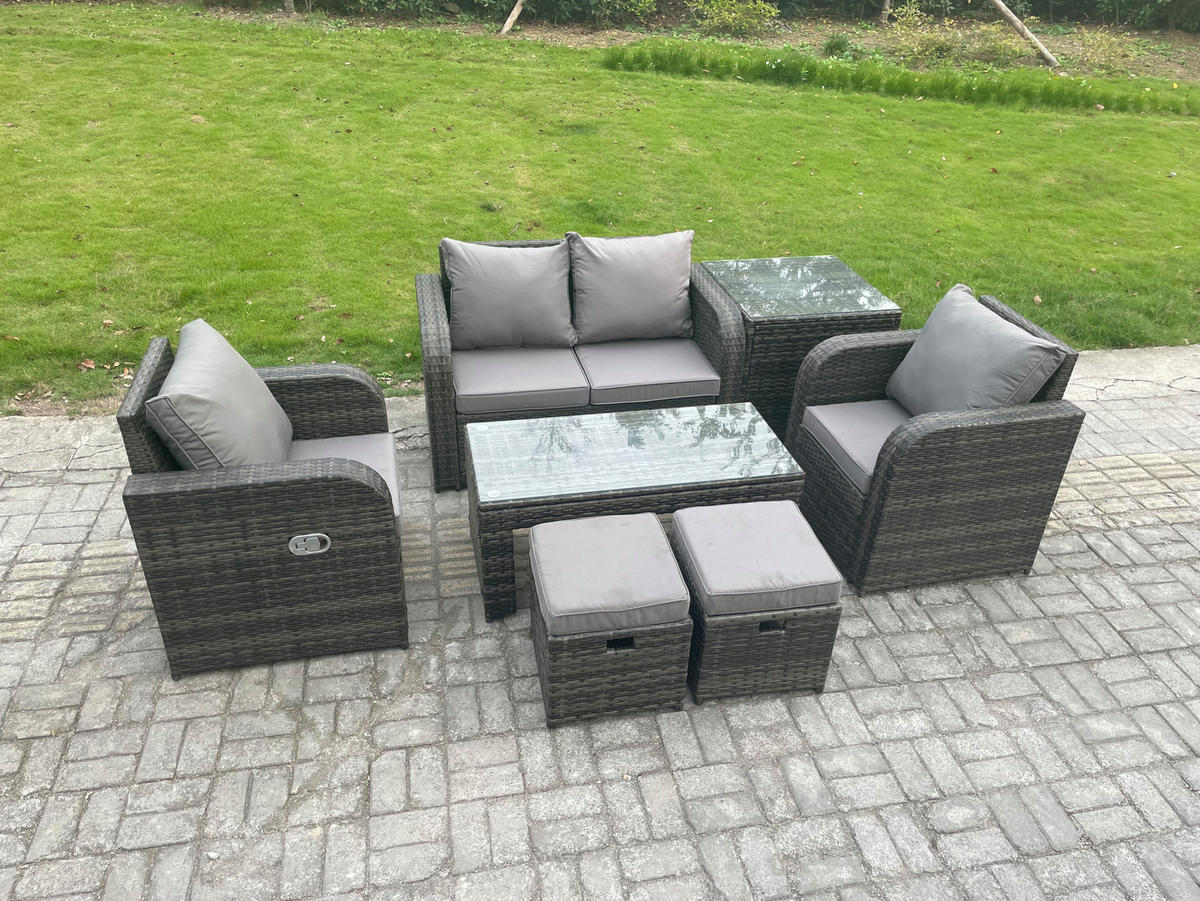 GARTENSOFA SET mit COUCHTISCH Polyrattan 6-Sitzer - Dunkelgrau/Grau, Glas/Kunststoff - Fimous