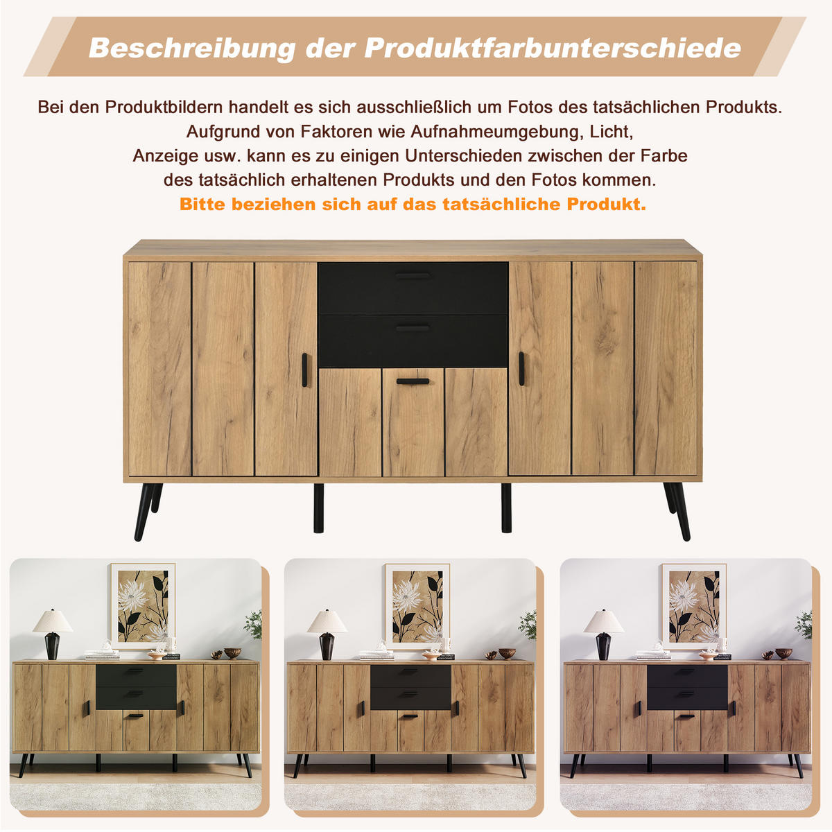 KUCHYŇSKÁ SKŘÍŇ v černé a přírodní barvě se 2 zásuvkami a 3 dvířky do obývacího pokoje, 140×35×67 cm - přírodní/černá, kompozitní dřevo (140/67/35cm) - STILVORA