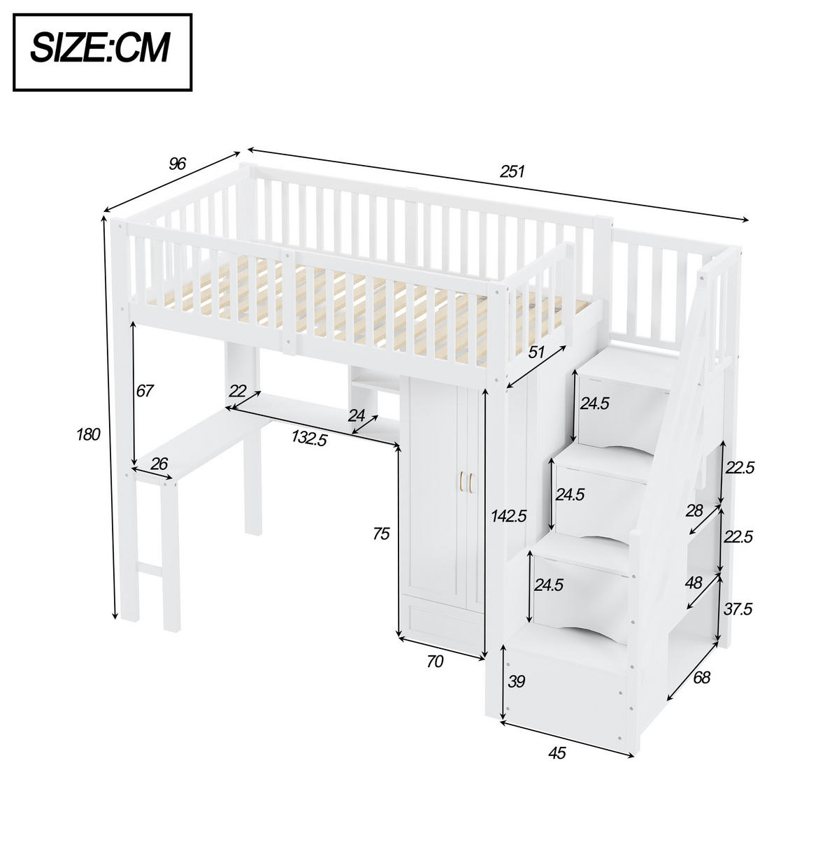 HOCHBETT 90/200 cm Weiß mit Kleiderschrank Tisch Stauraum Treppe aus Holz - Weiß, Holz (90/200cm) - OKWISH