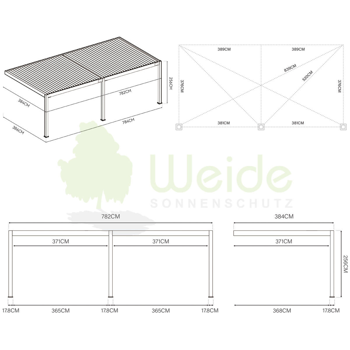 PERGOLA Deluxe Plus Elektrisch Wand Pavillon Terrassenüberdachung Alu LED 4 x 8 m - Weiß, Metall (400/255/800cm) - WEIDE