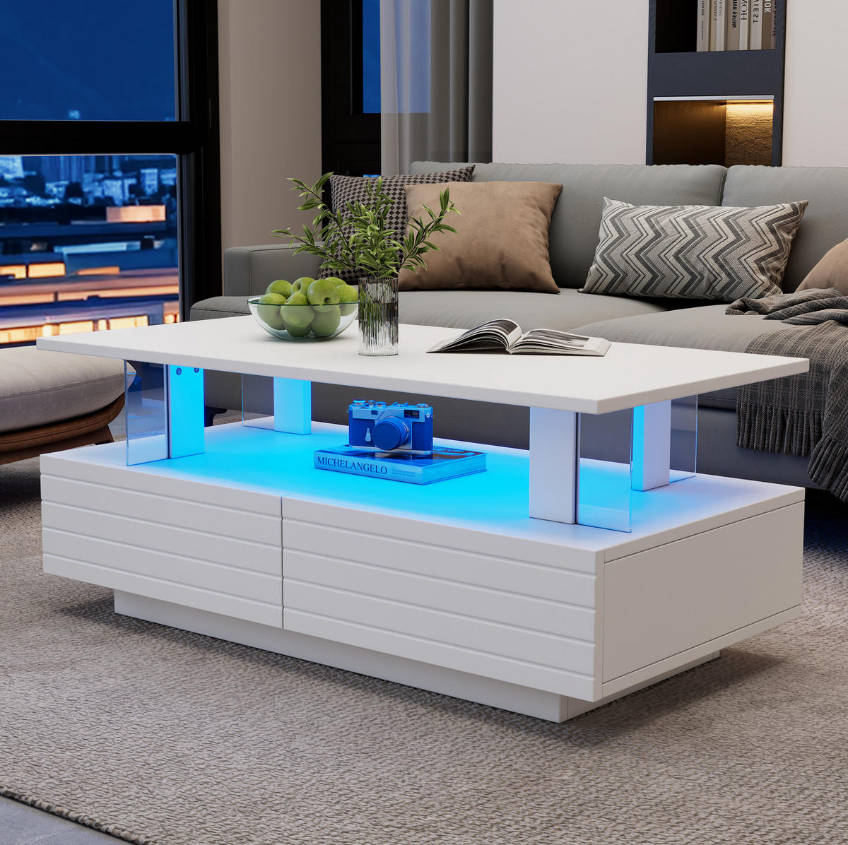 KLUB stolić 100/50/42 cm s LED rasvjetom, 2 ladice i akrilnom površinom, Bijela - bijela, drvni materijal/plastika (100/50/42cm) - Redom