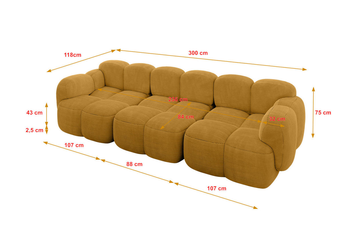 3-SITZER modulares Sofa Miko-S2 300x118x75 cm Senfgelb Cord - Schwarz/Honig, Holzwerkstoff/Kunststoff (300/75/118cm) - ALTDECOR